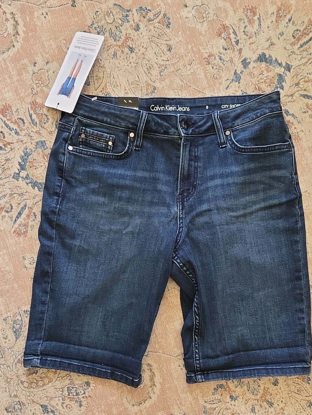 Calvin Klein Blue Jean City Shorts Dark Indigo Denim Stretch 5 Pocket Size 8 NEW